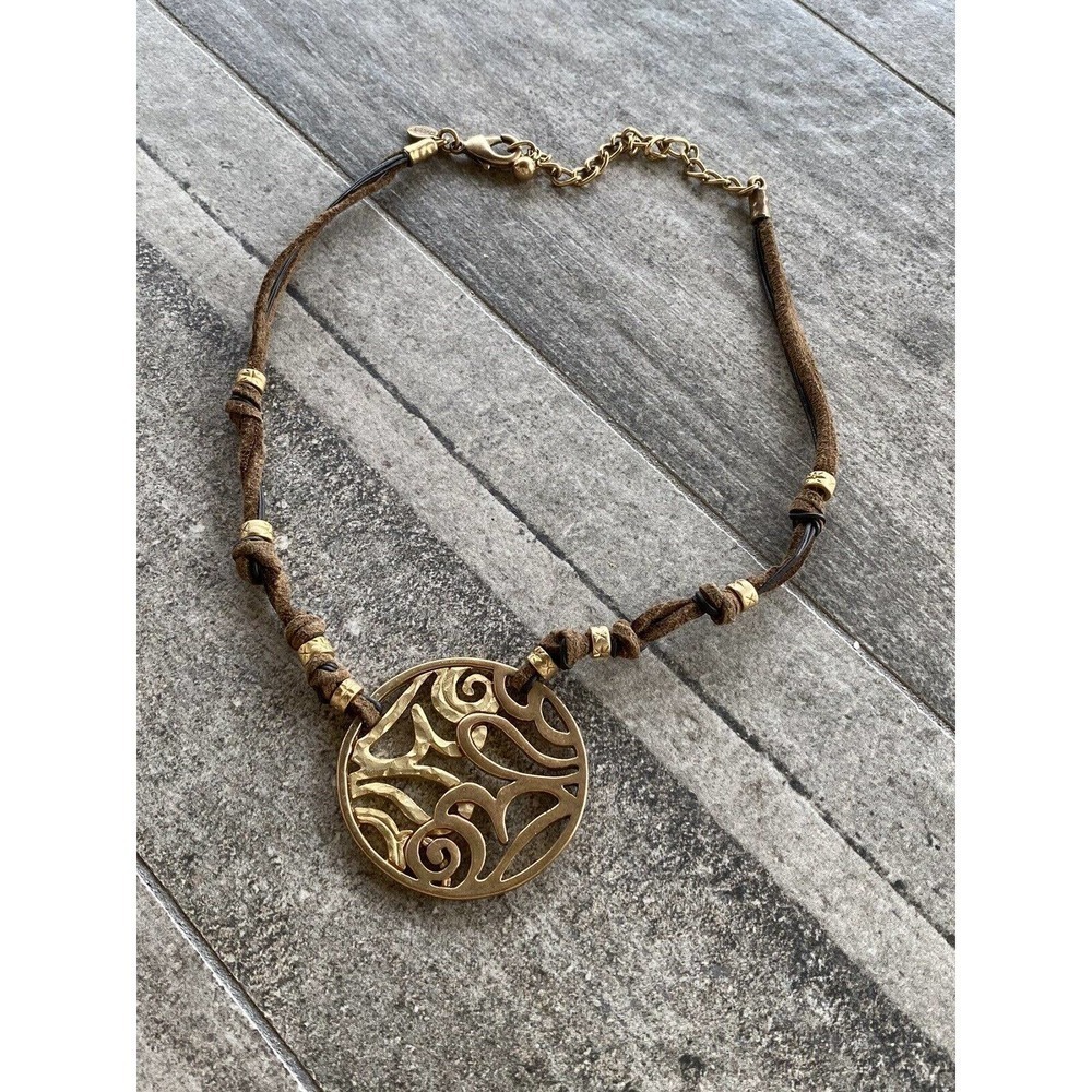 Chico’s Necklace Faux Leather Cord Gold Tone Pendant 18”